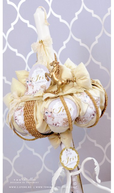 Lumanare de botez cu unicorni gold, 65x4 cm, Unicornul cu ochi albastri 6